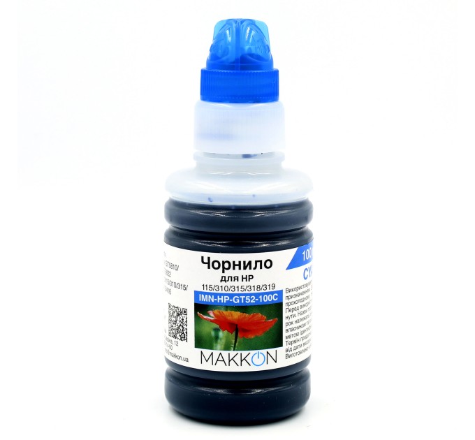 чорнило для HP Ink Tank 115/310/315/318/319 (M0H54AE) (GT52) 100 мл Makkon cyan