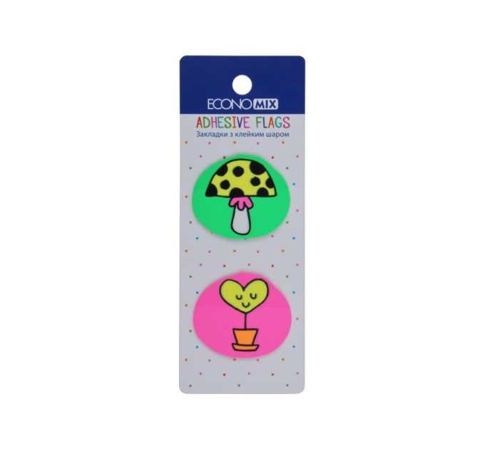 Закладки з клейким шаром 35х40 мм Economix Fun heart and mushroom, 40 шт., пластикові, асорті