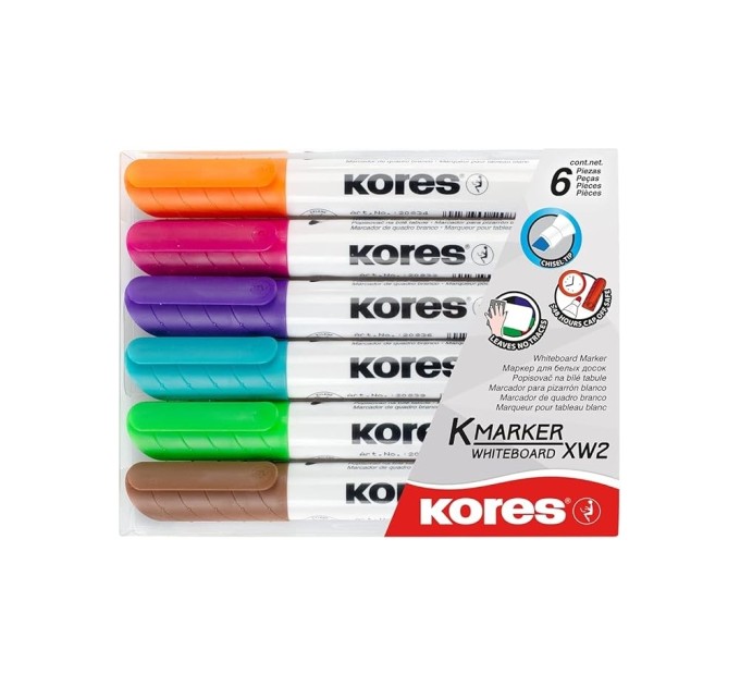 Набір маркерів для білих дошок KORES 3-5 мм, 6 кольорів, скошений