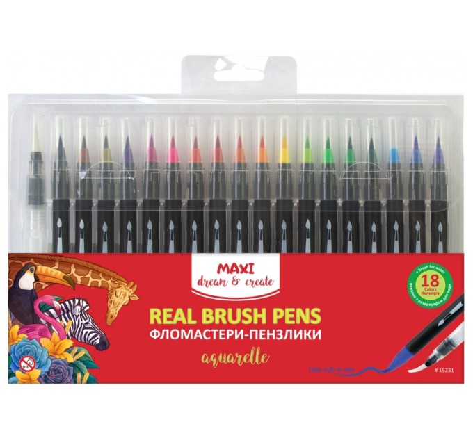 Акварельні фломастери-пензлики REAL BRUSH, 18 кольорів + пензель-резервуар для води