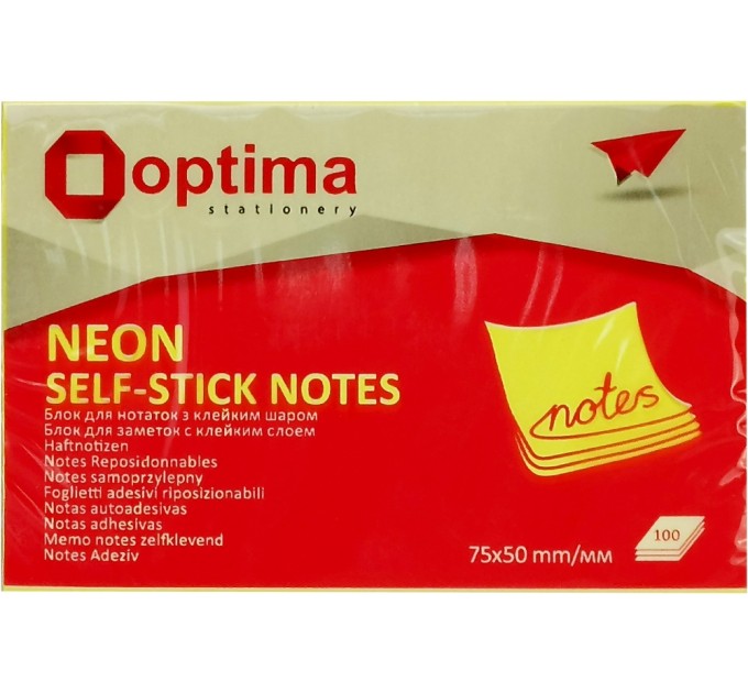 Стікери Optima, 75х50, жовті неон , 100 арк.