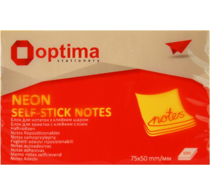 Стікери Optima, 75х50, помаранчеві неон, 100 арк.
