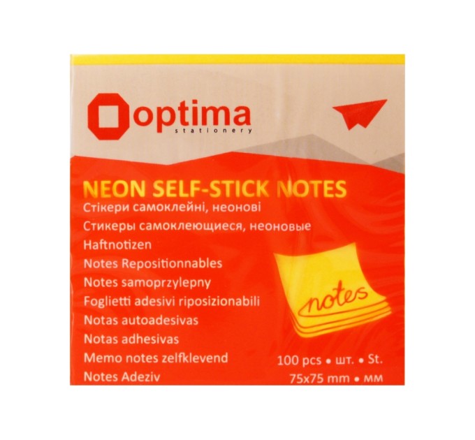 Стікери Optima, 75x75, помаранчеві неон, 100 арк.