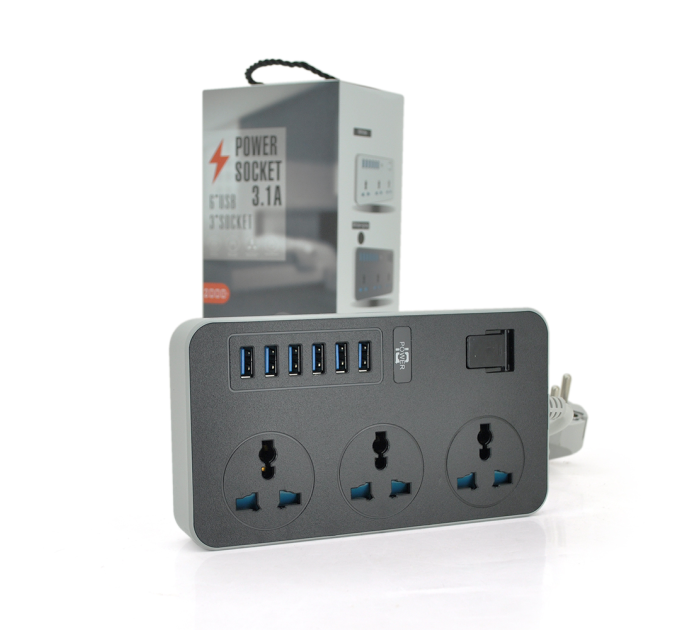 Мережевий фільтр ТВ-Т09, 3 розетки + 6 USB, 2 м, перетин 3х0,75мм, 3000W, Black-grey, Box