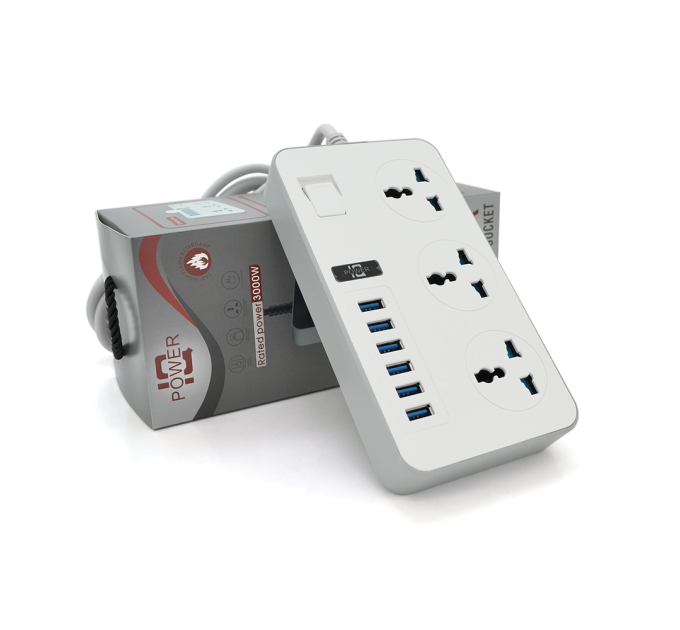 Мережевий фільтр ТВ-Т09, 3 розетки + 6 USB, 2 м, перетин 3х0,75мм, 3000W, White-grey, Box