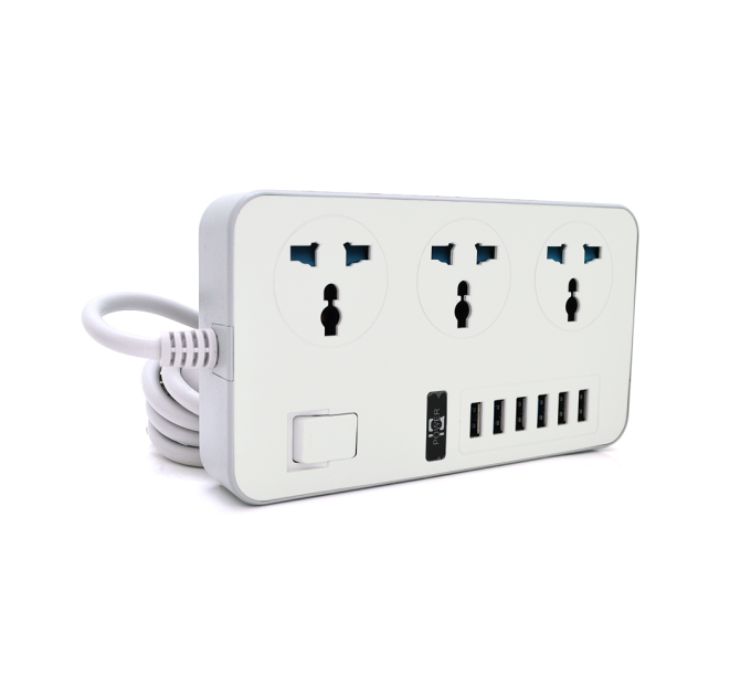 Мережевий фільтр ТВ-Т09, 3 розетки + 6 USB, 2 м, перетин 3х0,75мм, 3000W, White-grey, Box