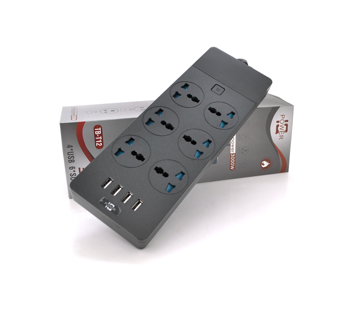 Мережевий фільтр ТВ-Т12, 6 розеток + 4 USB, 2 м, перетин 3х0,75мм, 3000W, Black, Box