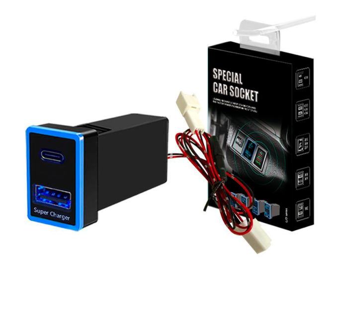 АЗУ врізне 130W-D01T03-С, PD+QC, Type-C: 100W, USB: 30W, LED підсвічування, комплект дротів з роз'ємами, 33x22х58mm, Black