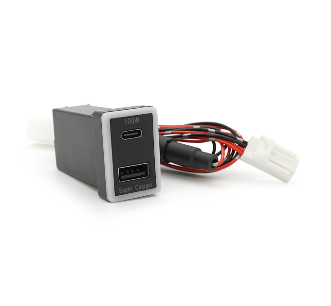 АЗУ врізне 130W-D01T03-С, PD+QC, Type-C: 100W, USB: 30W, LED підсвічування, комплект дротів з роз'ємами, 33x22х58mm, Black