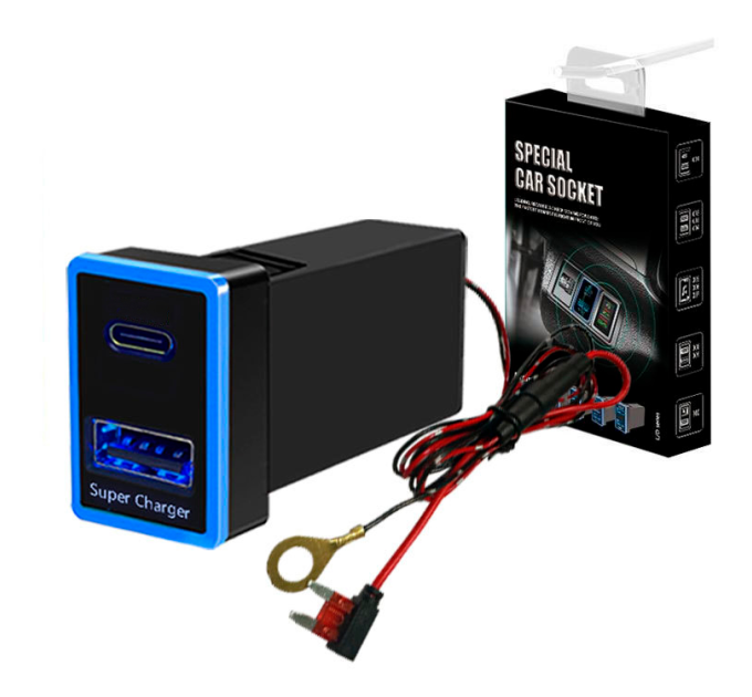 АЗУ врізне 130W-D01T03-Fuse, PD+QC, Type-C: 100W, USB: 30W, LED підсвічування, комплект проводів з роз'ємами та запобіжником, 33x22х58mm, Black