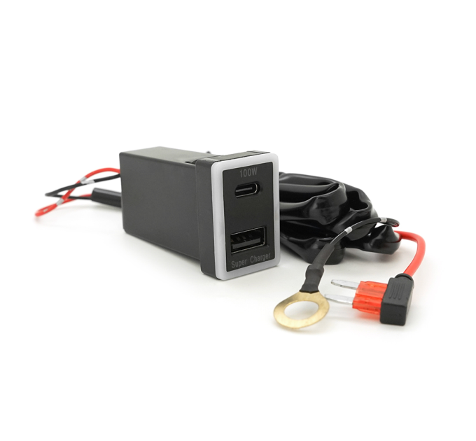 АЗУ врізне 130W-D01T03-Fuse, PD+QC, Type-C: 100W, USB: 30W, LED підсвічування, комплект проводів з роз'ємами та запобіжником, 33x22х58mm, Black