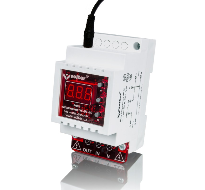 Захисне реле з контролем струму та напруги Volt-control VC-01-40Т на DIN-рейку, 32А, 7000Вт, 85-400В, тримодульне (червоний індикатор)