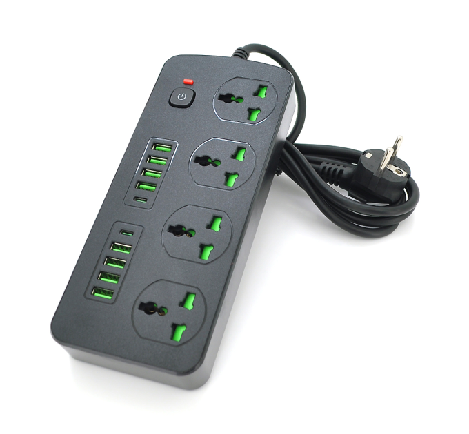 Мережевий фільтр Т25, 4 розетки + 8 USB + 2 PD, 2 м, перетин 3х0, 75мм, 3000W, Black, Box