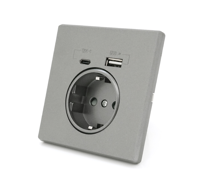 Розетка врізна із заземленням, Input: AC:110-250V / 16A, Type-C / USB-виходи, Gray