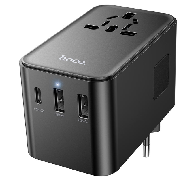 Мережевий фільтр HOCO AC18A на 1 розетку + 2 USB + USB-C, 35W, кабель 1,5 м, 220В, Black, Box