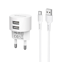 Набір BOROFONE BA23A СЗУ 2xUSB+ кабель USB / Type-C, 2.4A, 1м, White, Blister