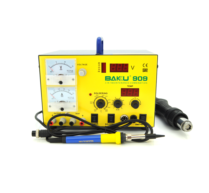 Паяльна станція BAKKU BK-909 цифрова індикація, паяльник + фен, з внутр. БЖ 0-15В 1А (320*298*238) 4,8 кг