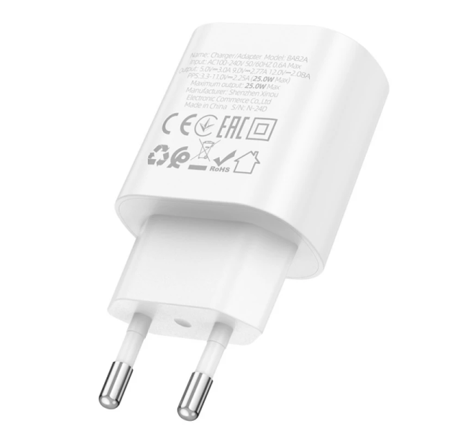 Набір СЗУ BOROFONE BA82A + Lighting кабель, PD25W, USB-C, кабель 1м, White, Box