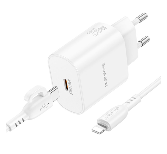 Набір СЗУ BOROFONE BA82A + Lighting кабель, PD25W, USB-C, кабель 1м, White, Box