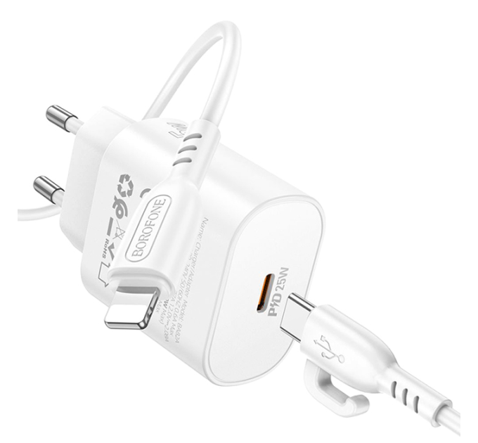 Набір СЗУ BOROFONE BA82A + Lighting кабель, PD25W, USB-C, кабель 1м, White, Box
