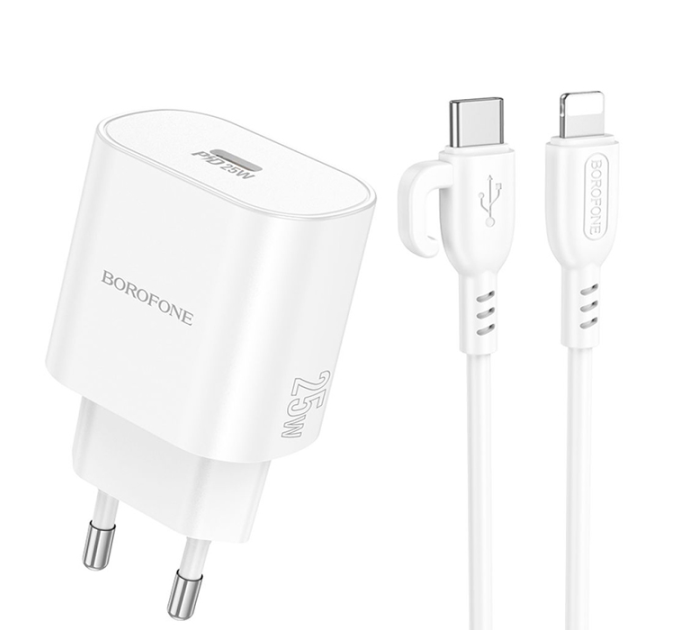 Набір СЗУ BOROFONE BA82A + Lighting кабель, PD25W, USB-C, кабель 1м, White, Box