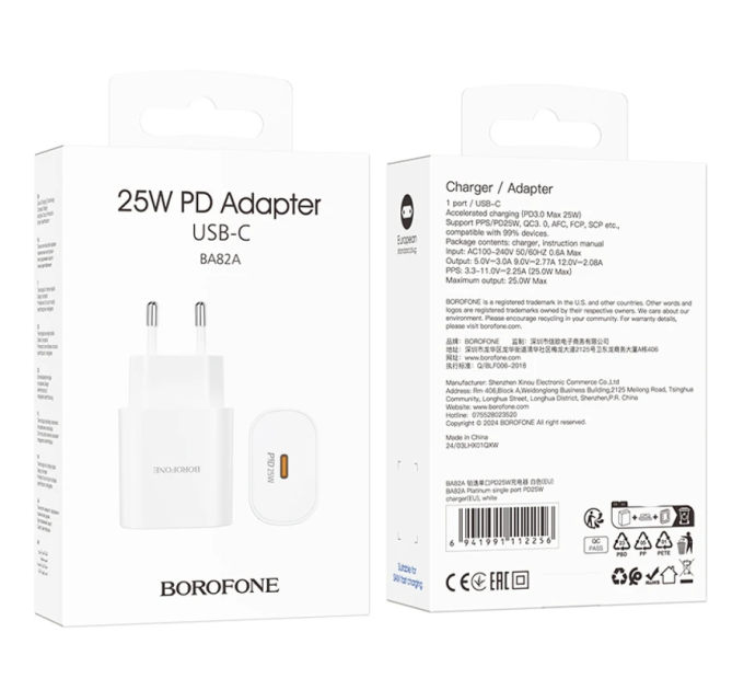 СЗУ BOROFONE BA82A, PD25W, 1xUSB-C, 25W, White, Box