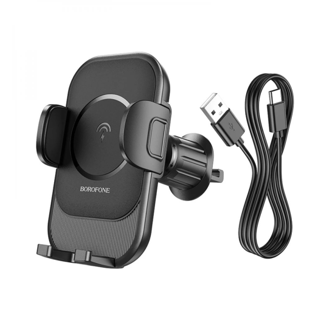 Автотримач BOROFONE BH204+ Wireless Charging 15W, кріплення на торпеду, клямка 50-90мм, Black, Box