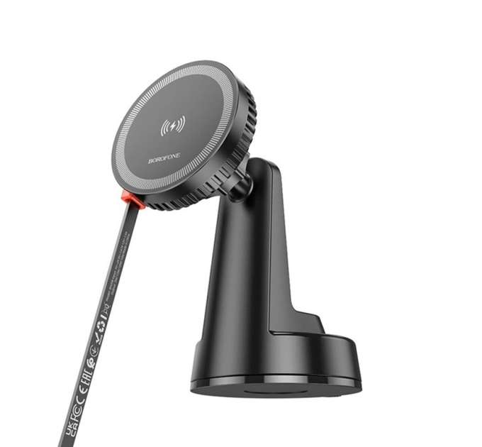 Автотримач BOROFONE BH208 + Wireless Charging 15W, кріплення на торпеду, клямка 50-90мм, Black, Box