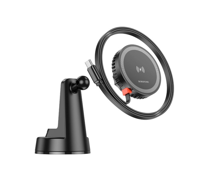 Автотримач BOROFONE BH208 + Wireless Charging 15W, кріплення на торпеду, клямка 50-90мм, Black, Box