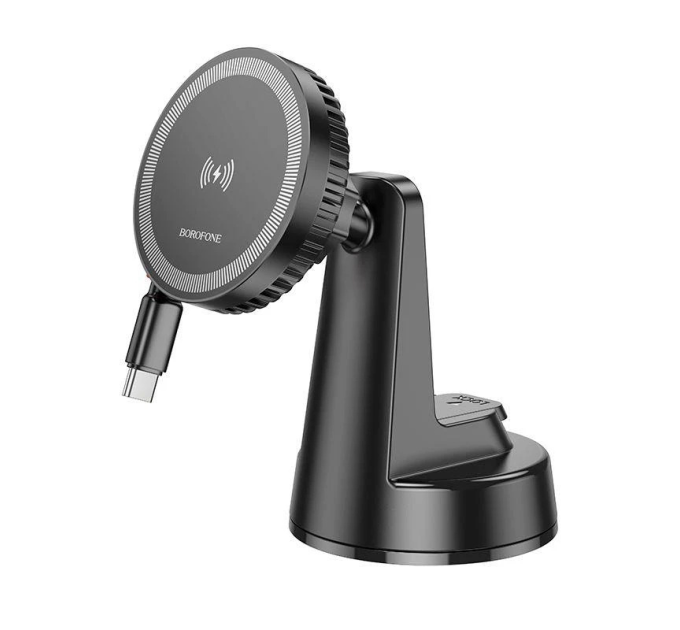 Автотримач BOROFONE BH208 + Wireless Charging 15W, кріплення на торпеду, клямка 50-90мм, Black, Box