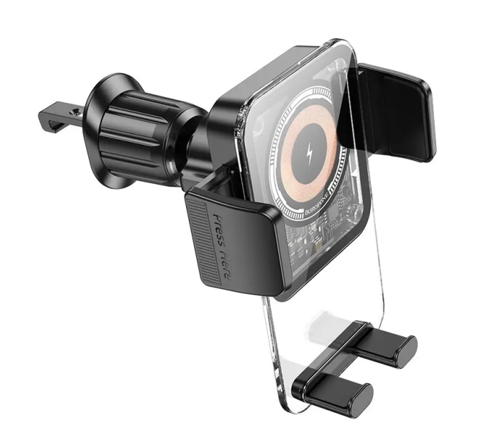 Автотримач BOROFONE BH209+ Wireless Charging 15W, кріплення на решітку, клямка 50-90мм, Black, Box