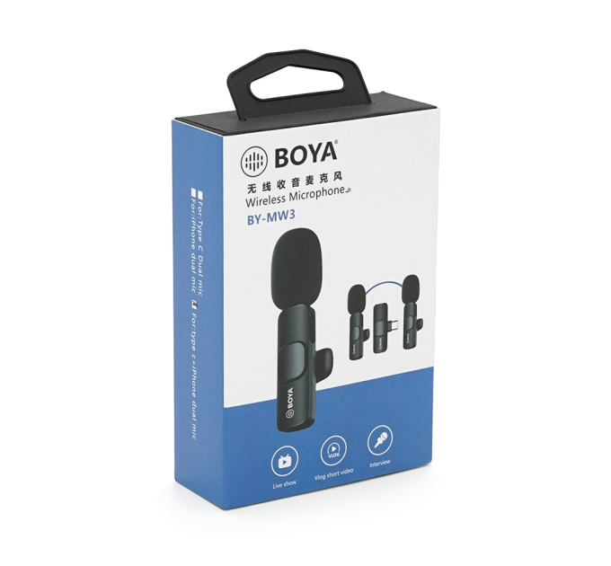Петличний бездротовий мікрофон BOYA BY-MW3(2шт), роз'єм Type-C, вбудований акумулятор 80 mAh, Black, Box