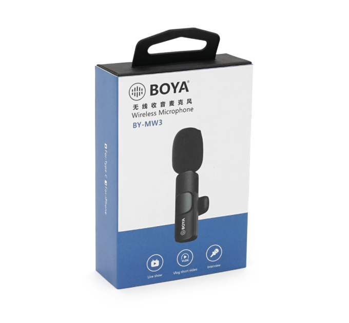 Петличний бездротовий мікрофон BOYA BY-MW3, роз'єм Type-C, вбудований акумулятор 80 mAh, Black, Box