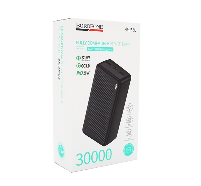 Power bank Borofone BJ56B 30000mAh, 22.5W+PD20W, 2*USB+Type-C, Black, 660g, Box