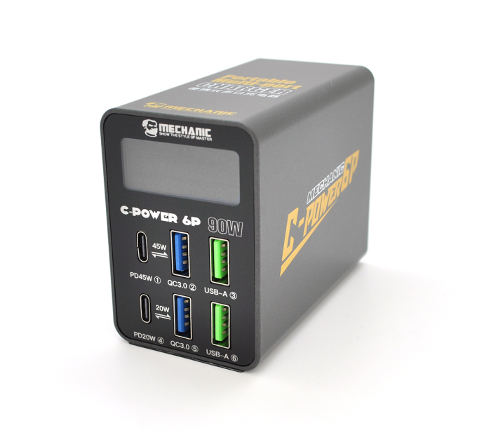 Зарядна станція з цифровою індикацією MECHANIC C-Power 6P, 2*USB-A, 2*QC3.0-5В3А,9В2A,12В1.5А, 2*PD3.1-(5В / 9В / 12В / 15В)3А,20В2,2,220В / 90Вт.150*100*50мм