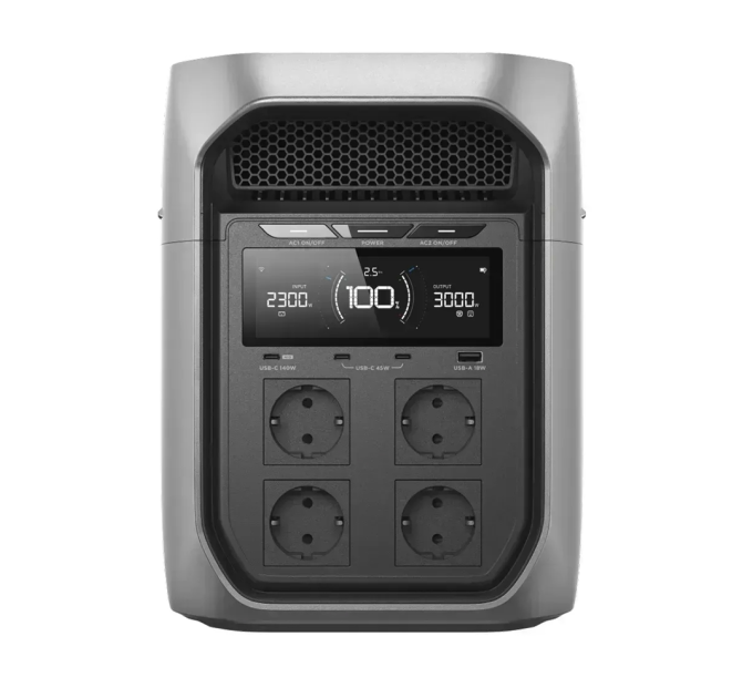 Портативная зарядная станция EcoFlow DELTA 3 Max Plus (LiFePO4 2048 Вт·ч), 4000 циклов, мощность 3000 Вт (пиковая 6000 Вт), MPPT 500W, Wi-Fi, Bluetooth, USB Type-C 1*140W 2*45W, USB Type A 18W, XT60, Розетка 230V*4, Anderson port, XT150, IP20, 494*305*242