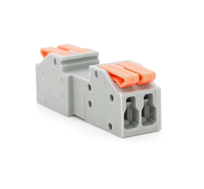 Клема роз'ємна з натискними затискачами 2-провідна DF-2604D, 2-pin, 250V, 32A, 0.2-4.0mm2, 12.5*43.5*15mm, сіра