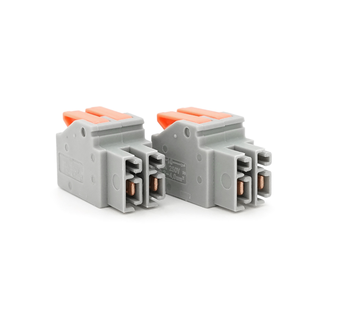 Клема роз'ємна з натискними затискачами 2-провідна DF-2604D, 2-pin, 250V, 32A, 0.2-4.0mm2, 12.5*43.5*15mm, сіра