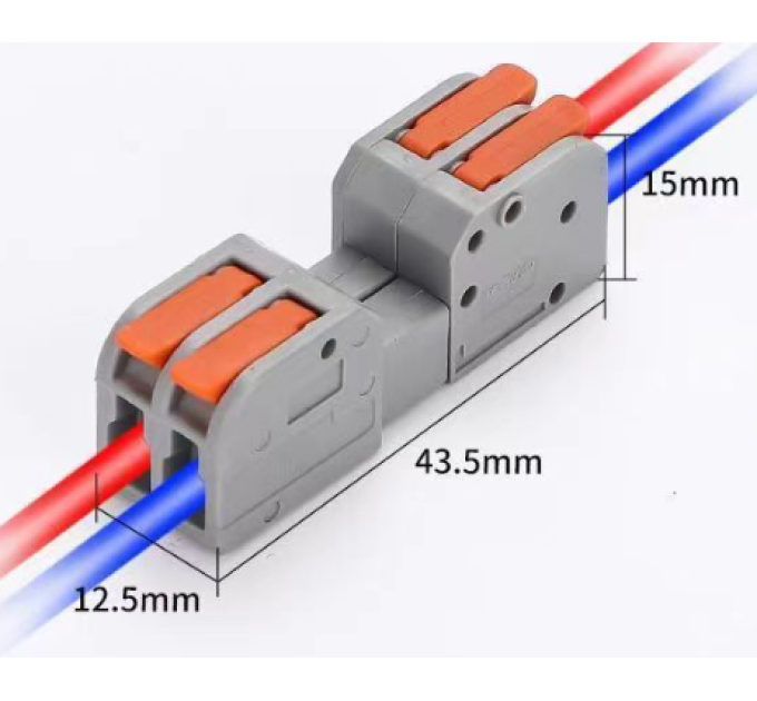 Клема роз'ємна з натискними затискачами 2-провідна DF-2604D, 2-pin, 250V, 32A, 0.2-4.0mm2, 12.5*43.5*15mm, сіра