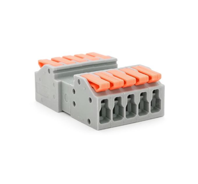 Клема роз'ємна з натискними затискачами 5-провідна DF-2604D, 5-pin, 250V, 32A, 0.2-4.0mm2, 29.8*43.5*15mm, сіра
