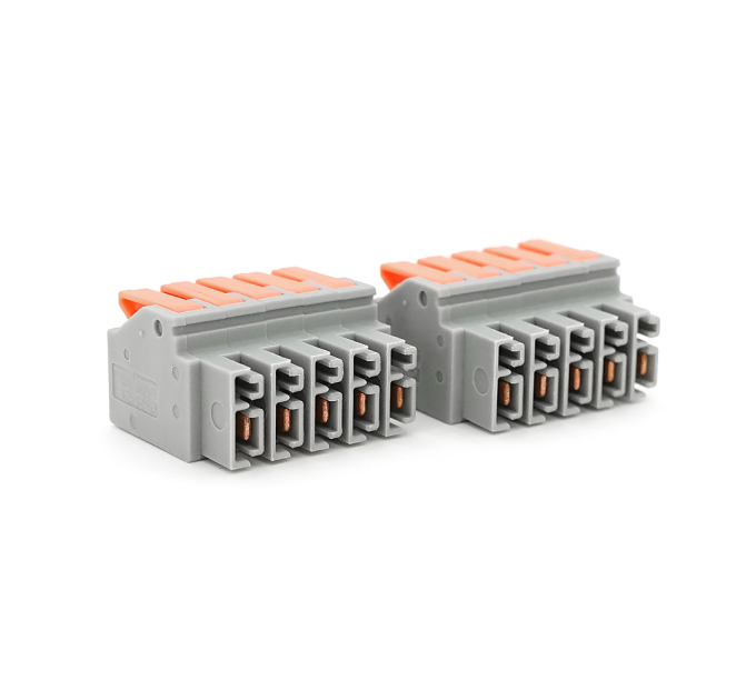 Клема роз'ємна з натискними затискачами 5-провідна DF-2604D, 5-pin, 250V, 32A, 0.2-4.0mm2, 29.8*43.5*15mm, сіра