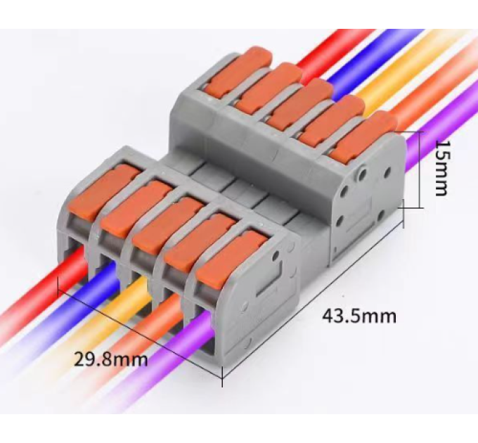 Клема роз'ємна з натискними затискачами 5-провідна DF-2604D, 5-pin, 250V, 32A, 0.2-4.0mm2, 29.8*43.5*15mm, сіра