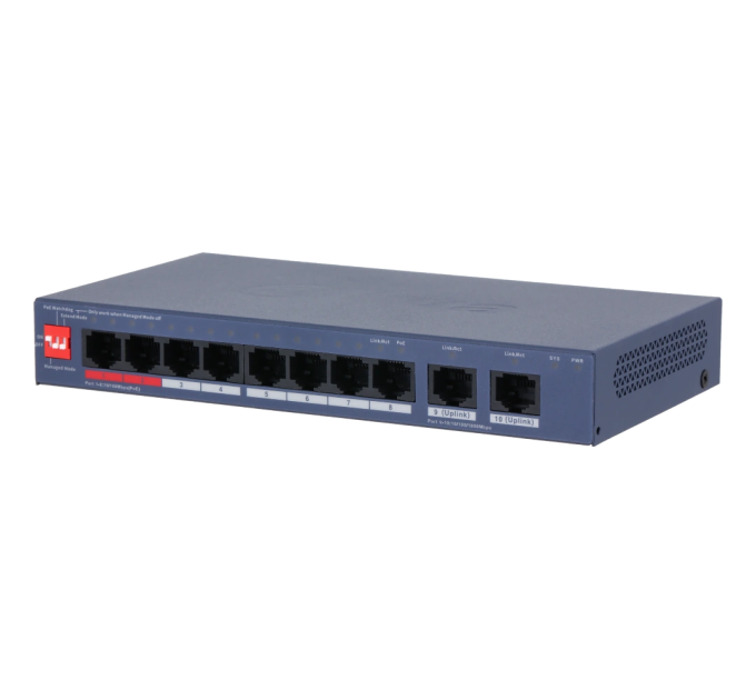 8-портовий керований PoE комутатор DH-CS4010-8ET2GT-110 з 8 портами POE 100Мбіт + 2 порти UP-Link 1000Мбіт, 185x104x27 мм