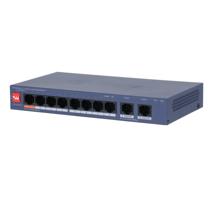 8-портовий керований PoE комутатор DH-CS4010-8ET2GT-60 з 8 портами POE 100Мбіт + 2 порти UP-Link 1000Мбіт, 60Вт, 184.6×103.3×27 мм