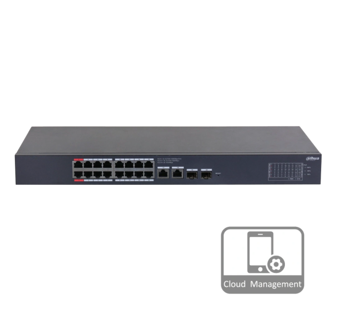 16-портовий гігабітний керований PoE комутатор DH-CS4220-16GT-190 з 16 / POE 100Мбіт + 2 / UP-Link 1000Мбіт + 2 / SFP 1000Мбіт, 440x220x44 мм