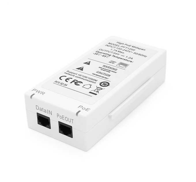 PoE інжектор з технологією Hi-PoE Midspan (60Вт) Dahua DH-PFT1200, 1xRJ45 10 / 100 / 1000 Base-T (PoE), 50х70х39 мм