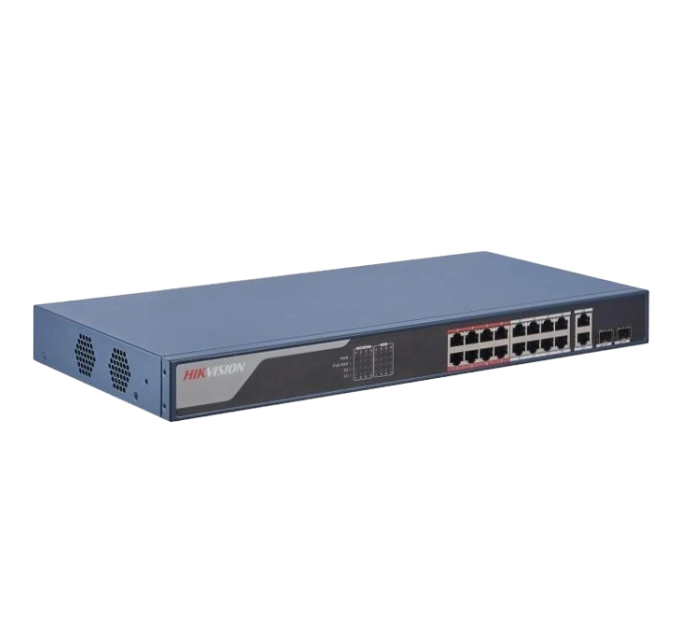 16 портів керований POE комутатор Hikvision DS-3E1318P-EI(B) , 16x (100Мбіт / с)PoE + 2xBase-T(1000Мбіт / с) +2xSFP(1000Мбіт / с)