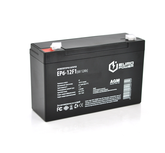 Акумуляторна батарея EUROPOWER AGM EP6-12F1 6 V 12 Ah ( 150 x 50 x 95 (100) ) Black Q10