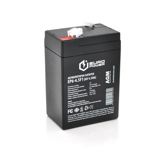 Акумуляторна батарея EUROPOWER AGM EP6-4.5F1 6 V 4.5 Ah ( 70 x 47 x 100 (105) ) Black Q20