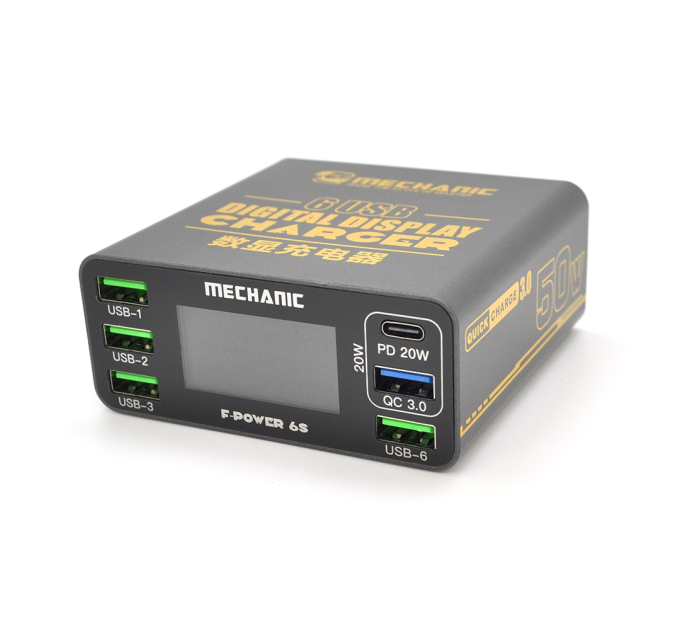 Зарядні станція з цифровою індикацією MECHANIC F-Power 6S, PD3.1-5В4А, 9В2.2A, 12В1.67А, 15В3А, 20В2,25А, QC-3.4*USB-A. 220V / 50W. 197*151*68mm